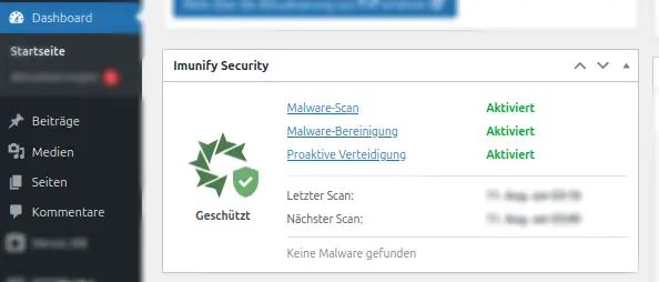 WordPress Dashboard Imunify