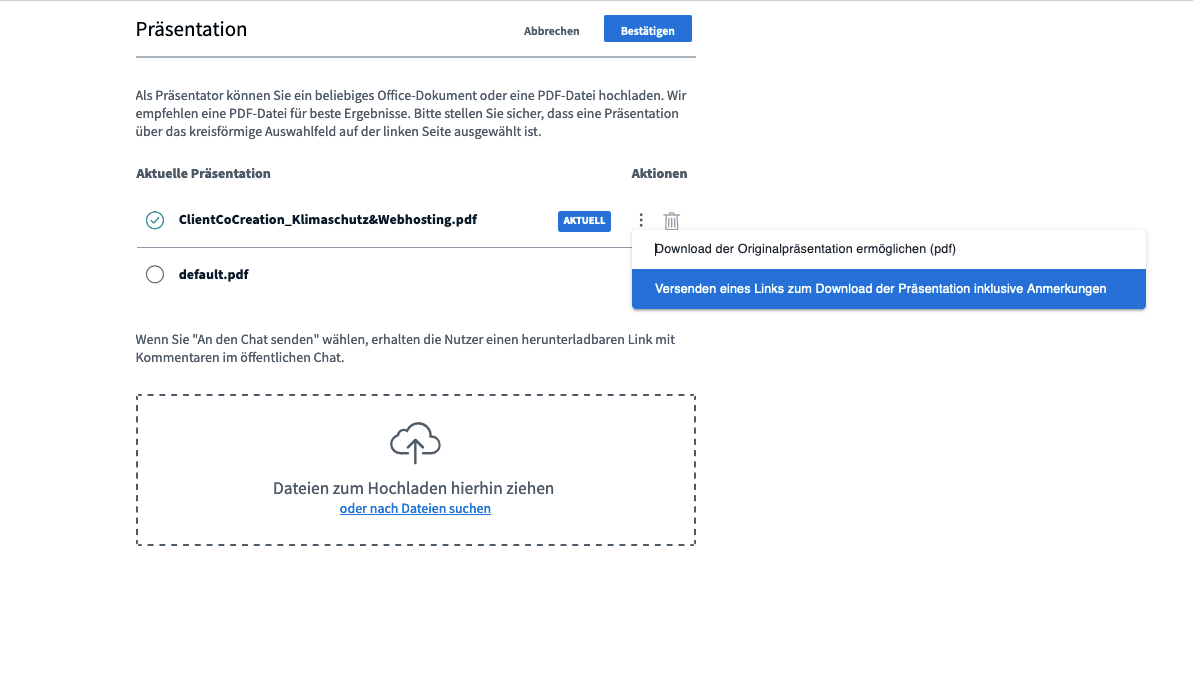 Tooltipp BigBlueButton Green:Comm eigene Präsentation mit Whiteboard Ergebnissen speichern und teilen