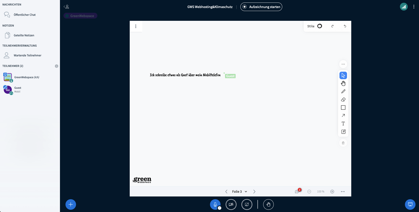 tooltip BigBlueButtob Green:Comm Whiteboard Multiuser Funktion aktiviert