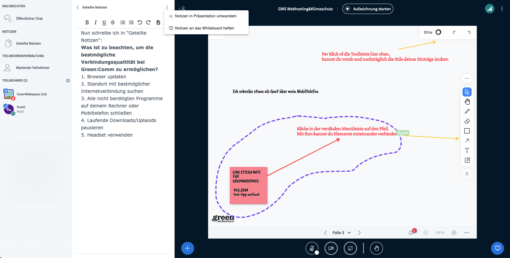 bigbluebutton geteilte notizen ans whiteboard heften